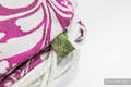 Mochila portaobjetos hecha de tejido de fular (100% algodón) - TWISTED LEAVES CREAM & MORADO - talla estándar 32cmx43cm #babywearing