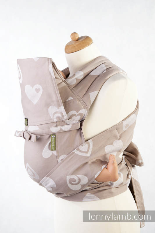 MEI-TAI carrier Toddler, jacquard weave - 84% cotton 16% linen - with hood, HEARTS BEIGE & CREAM #babywearing
