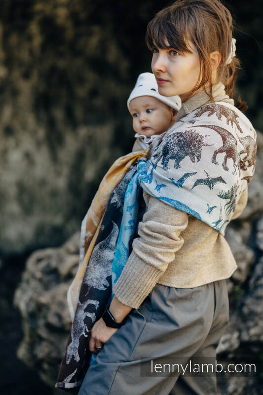 Żakardowa chusta kółkowa do noszenia dzieci, 100% bawełna, ramię bez zakładek - PARK JURAJSKI - FOSSIL - standard 1.8m #babywearing