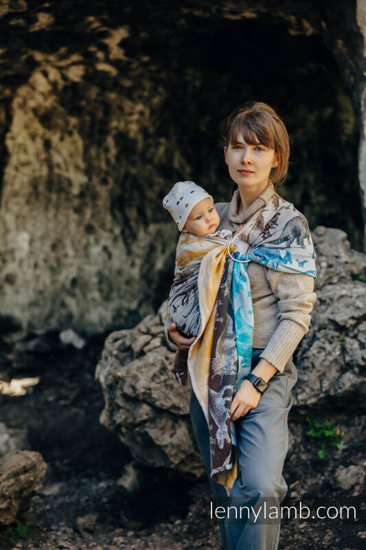 Żakardowa chusta kółkowa do noszenia dzieci, 100% bawełna, ramię bez zakładek - PARK JURAJSKI - FOSSIL - standard 1.8m #babywearing