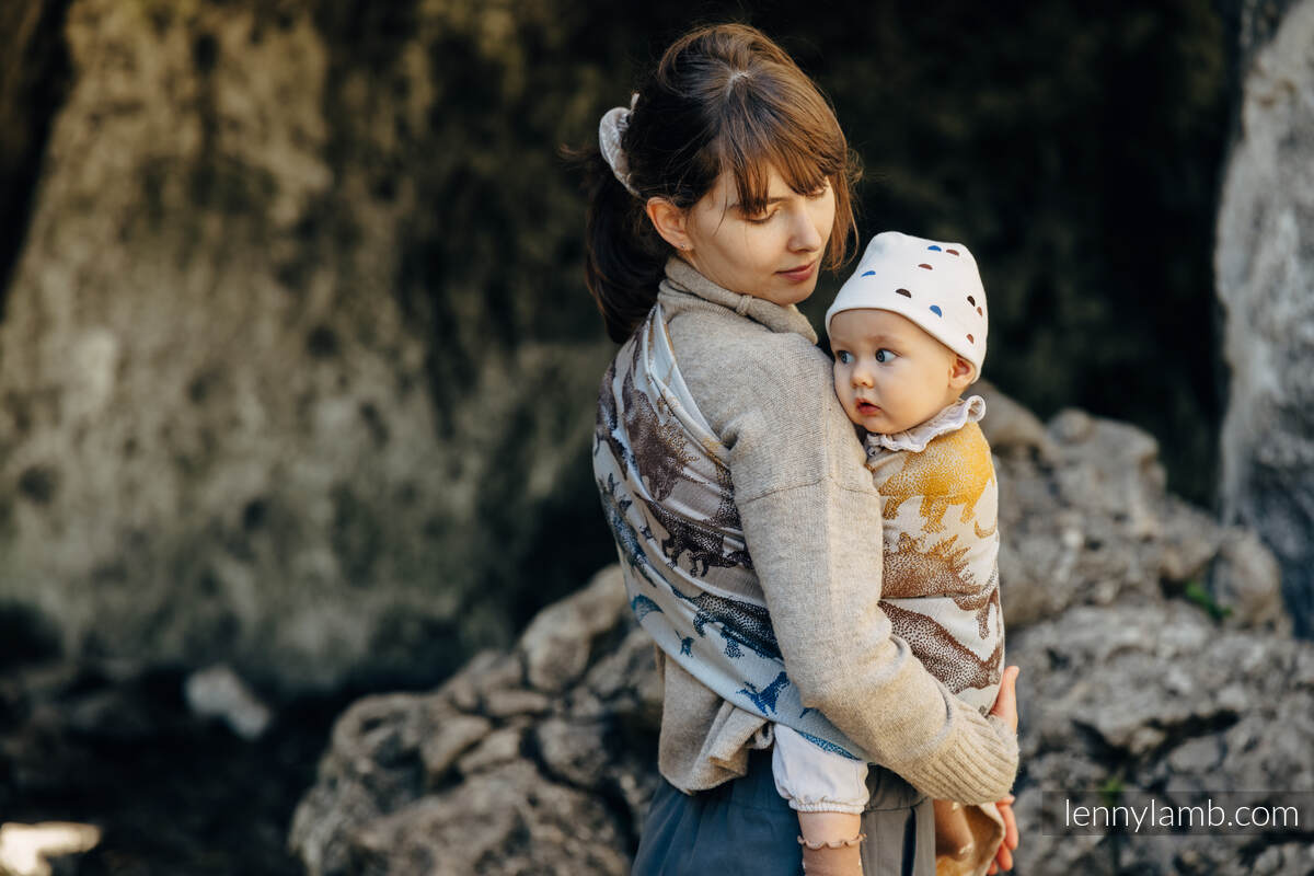 Żakardowa chusta kółkowa do noszenia dzieci, 100% bawełna, ramię bez zakładek - PARK JURAJSKI - FOSSIL - standard 1.8m #babywearing