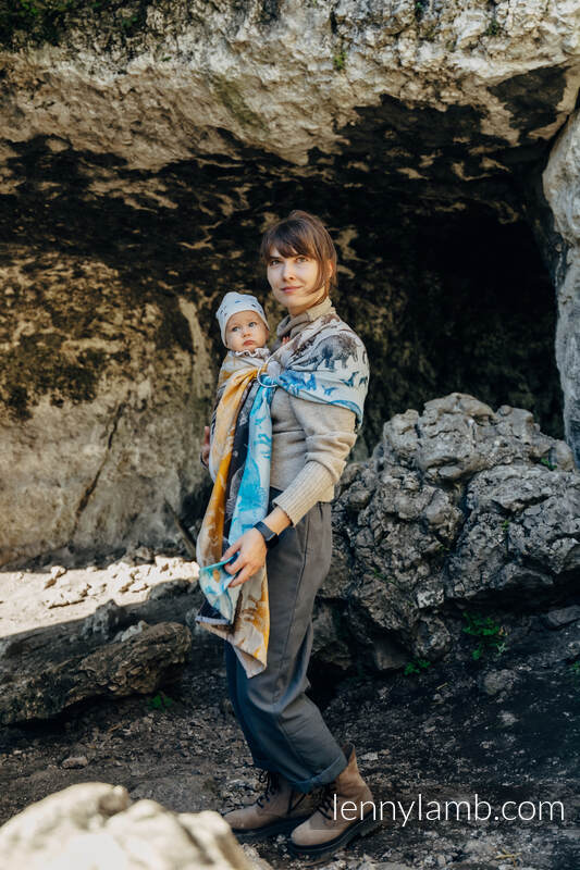 Żakardowa chusta kółkowa do noszenia dzieci, 100% bawełna, ramię bez zakładek - PARK JURAJSKI - FOSSIL - standard 1.8m #babywearing