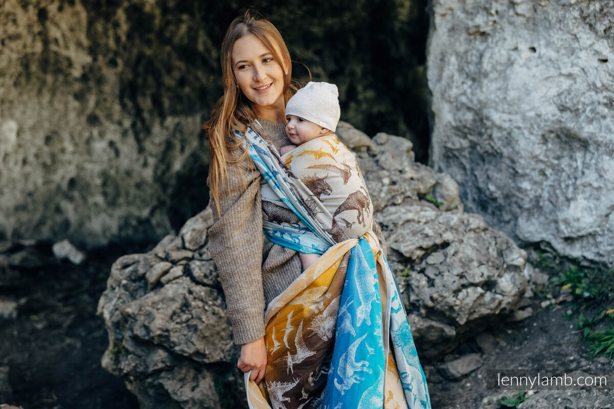 Żakardowa chusta do noszenia dzieci, 100% bawełna - PARK JURAJSKI - FOSSIL - rozmiar XS (drugi gatunek) #babywearing