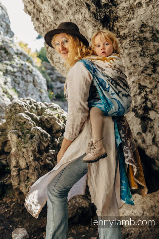 Żakardowa chusta do noszenia dzieci, 100% bawełna - PARK JURAJSKI - FOSSIL - rozmiar S #babywearing