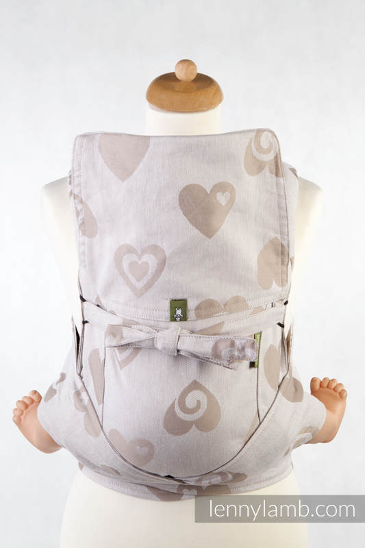MEI-TAI carrier Toddler, jacquard weave - 84% cotton 16% linen - with hood, HEARTS BEIGE & CREAM, Reverse #babywearing
