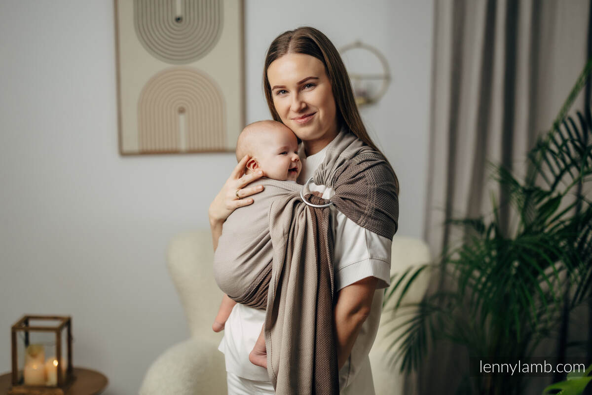 Bandolera de anillas Línea Básica, tejido espiga (100% algodón) - con plegado simple - LITTLE HERRINGBONE BABY CAFFE LATTE - standard 1.8m (grado B) #babywearing