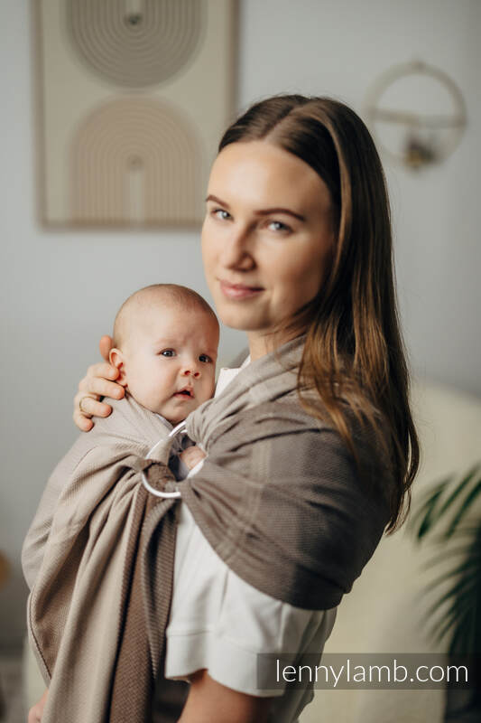 My First Ring Sling, Herringbone Weave (100% cotton) - with gathered shoulder - LITTLE HERRINGBONE BABY CAFFE LATTE - standard 1.8m #babywearing