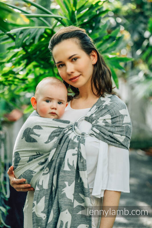 Żakardowa chusta kółkowa do noszenia dzieci, (68% bawełna, 16% len, 16% modal), ramię bez zakładek - BIRDY - WHITE NOISE - standard 1.8m #babywearing