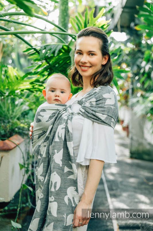 Żakardowa chusta kółkowa do noszenia dzieci, (68% bawełna, 16% len, 16% modal), ramię bez zakładek - BIRDY - WHITE NOISE - standard 1.8m #babywearing