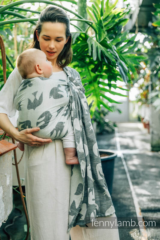 Żakardowa chusta kółkowa do noszenia dzieci, (68% bawełna, 16% len, 16% modal), ramię bez zakładek - BIRDY - WHITE NOISE - standard 1.8m #babywearing