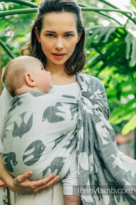 Żakardowa chusta kółkowa do noszenia dzieci, (68% bawełna, 16% len, 16% modal), ramię bez zakładek - BIRDY - WHITE NOISE - standard 1.8m #babywearing