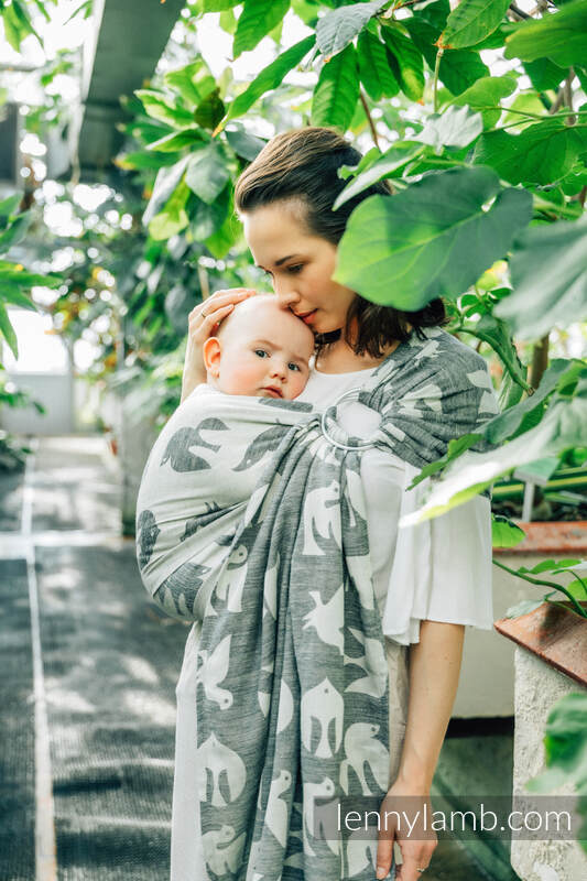 Żakardowa chusta kółkowa do noszenia dzieci, (68% bawełna, 16% len, 16% modal), ramię bez zakładek - BIRDY - WHITE NOISE - standard 1.8m #babywearing