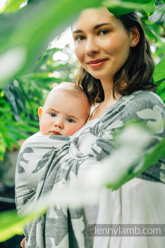 Żakardowa chusta kółkowa do noszenia dzieci, (68% bawełna, 16% len, 16% modal), ramię bez zakładek - BIRDY - WHITE NOISE - standard 1.8m #babywearing