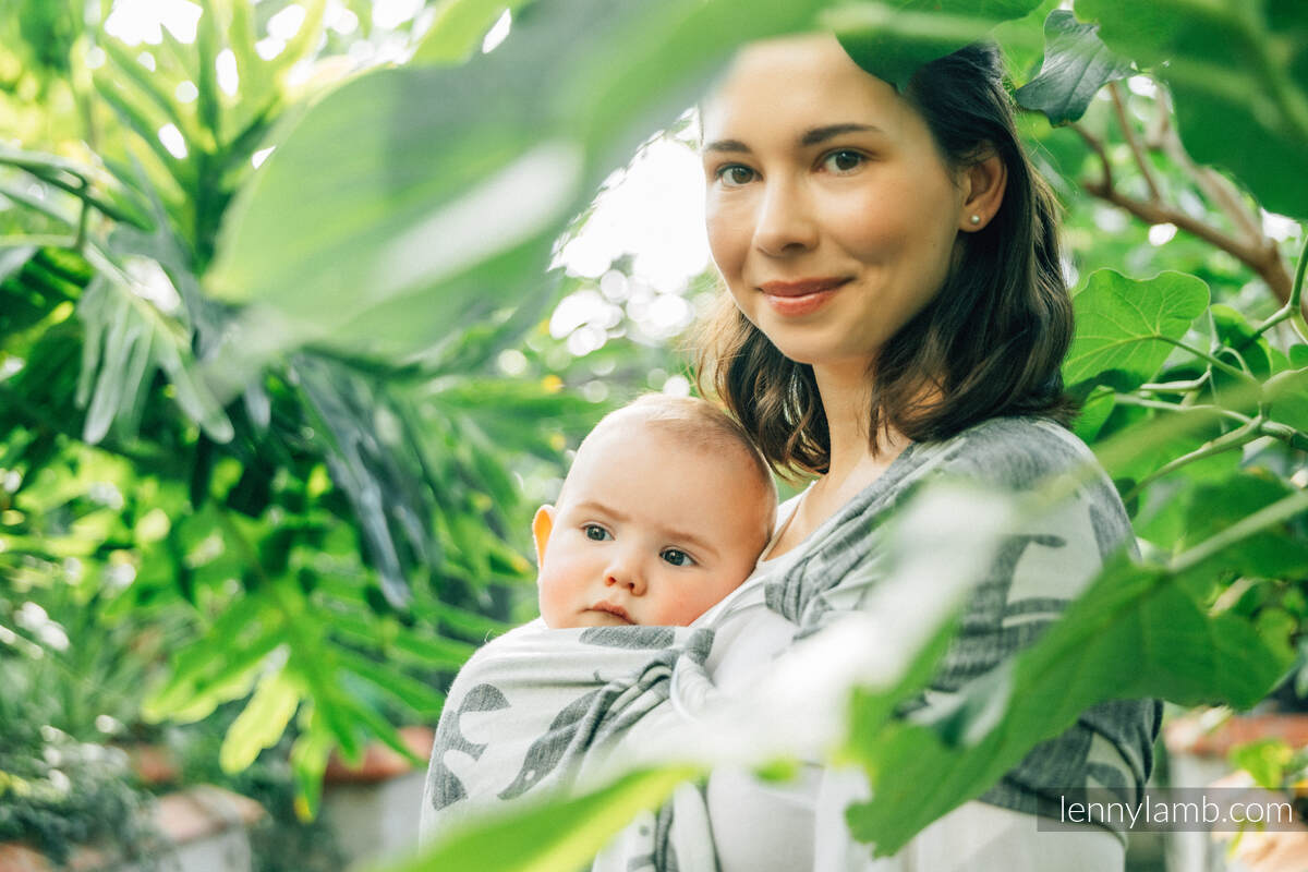 Żakardowa chusta kółkowa do noszenia dzieci, (68% bawełna, 16% len, 16% modal), ramię bez zakładek - BIRDY - WHITE NOISE - standard 1.8m #babywearing