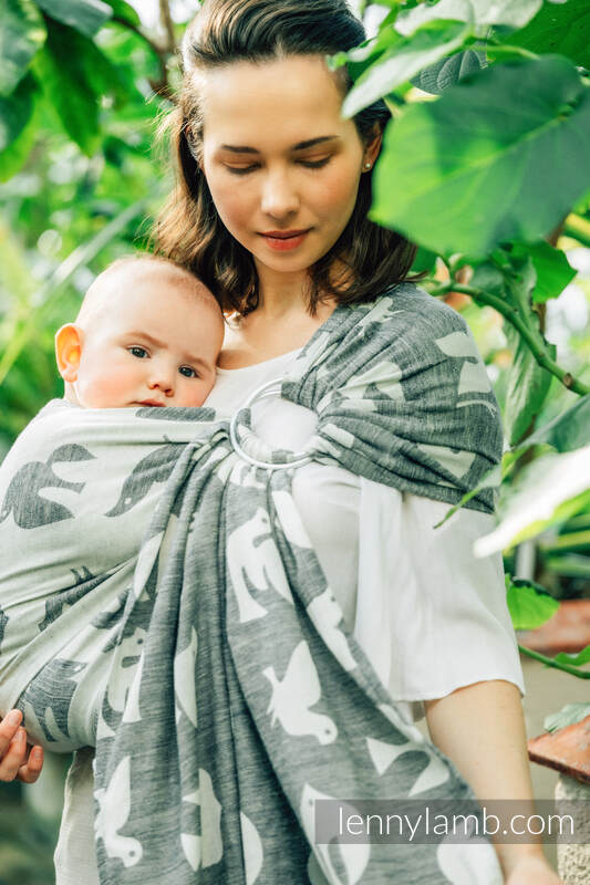 Żakardowa chusta kółkowa do noszenia dzieci, (68% bawełna, 16% len, 16% modal), ramię bez zakładek - BIRDY - WHITE NOISE - standard 1.8m #babywearing