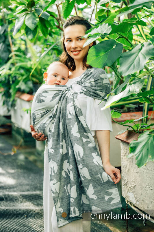 Żakardowa chusta kółkowa do noszenia dzieci, (68% bawełna, 16% len, 16% modal), ramię bez zakładek - BIRDY - WHITE NOISE - standard 1.8m #babywearing