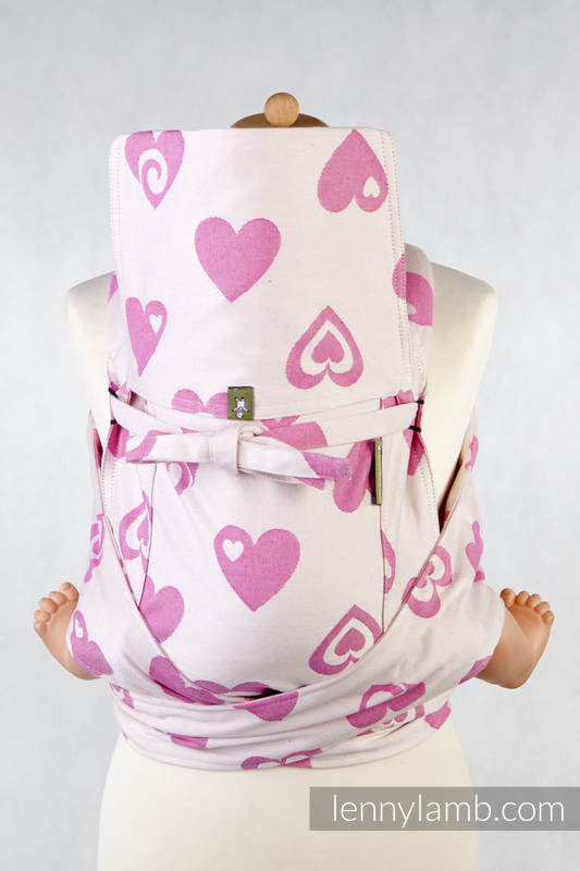 Nosidełko dla dzieci MEI-TAI TODDLER z kapturkiem, bawełna, splot żakardowy, SERDUSZKA RÓŻ z KREMEM, Rewers #babywearing