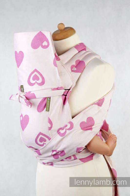 Nosidełko dla dzieci MEI-TAI TODDLER z kapturkiem, bawełna, splot żakardowy, SERDUSZKA RÓŻ z KREMEM, Rewers #babywearing
