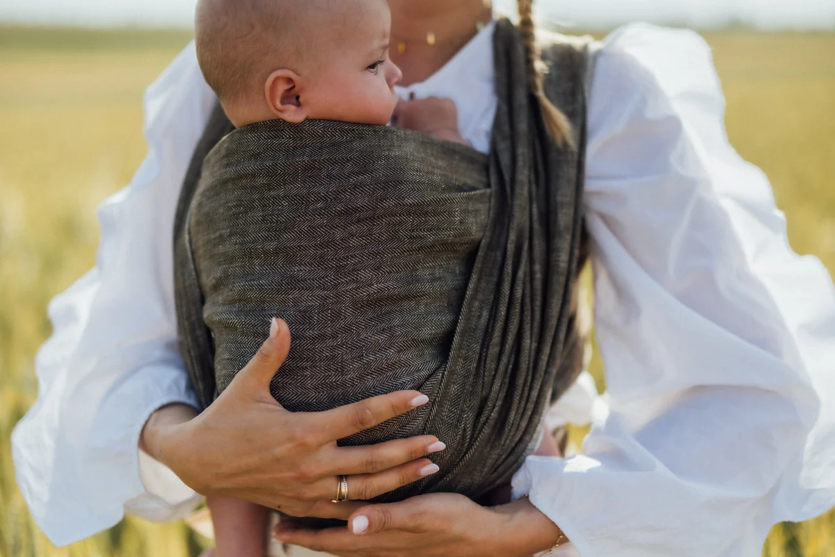 Baby Wrap, chevron weave (100% linen) - ARROW - WOOD - size S #babywearing