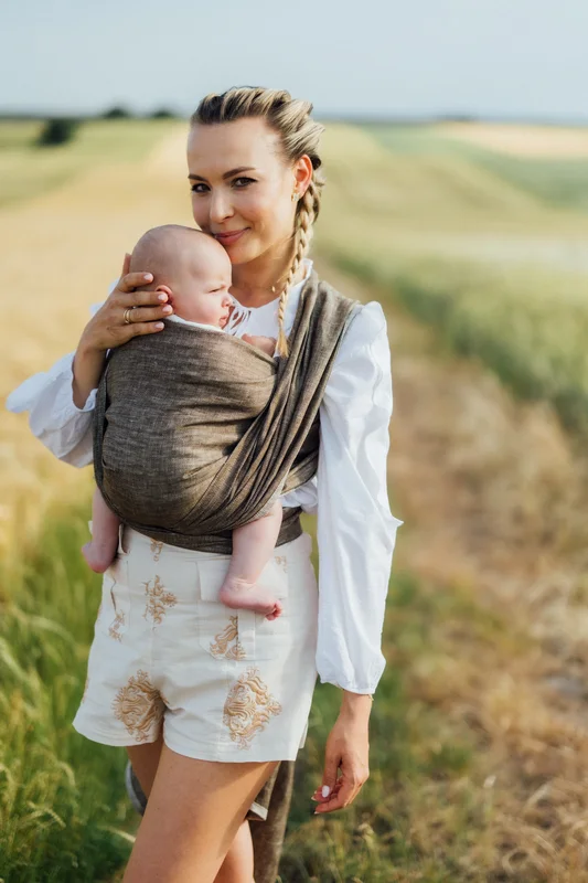 Baby Wrap, chevron weave (100% linen) - ARROW - WOOD - size S #babywearing