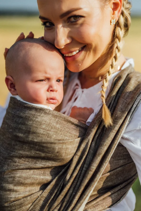 Baby Wrap, chevron weave (100% linen) - ARROW - WOOD - size S #babywearing