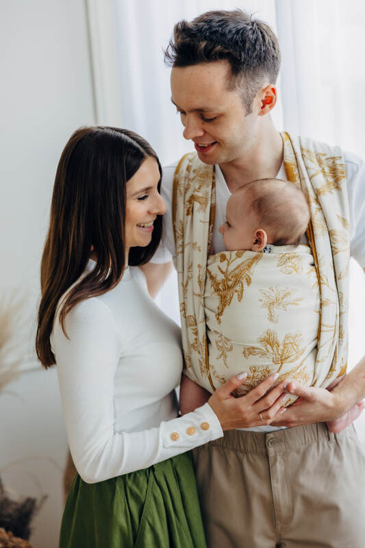 Fular, tejido jacquard (68% algodón, 27% lana merino, 5% cachemir) - HERBARIUM - AMBRA - talla XS #babywearing