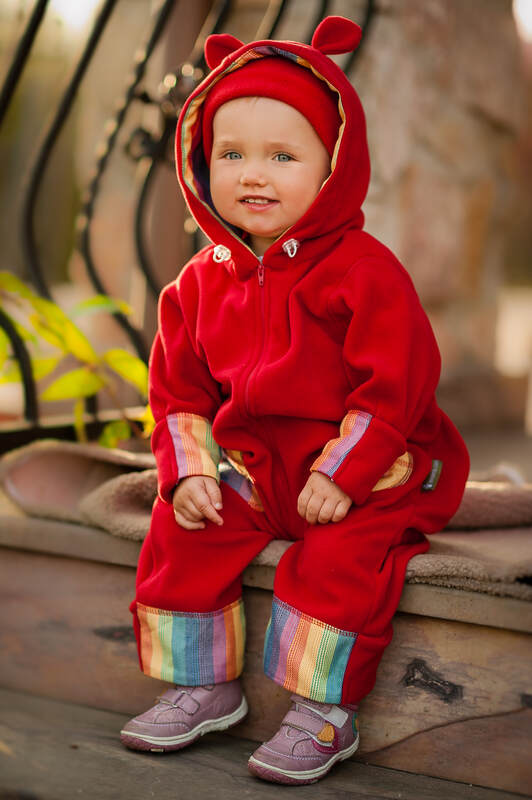 Fleece Romper - size 80 - red with Sunrise Rainbow (grade B) #babywearing