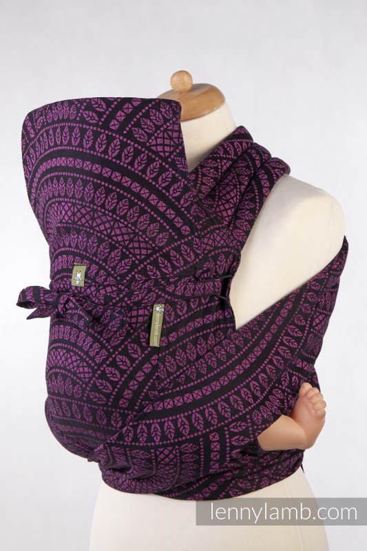 MEI-TAI carrier Toddler, jacquard weave - 100% cotton - with hood, PEACOCK'S TAIL PURPLE & BLACK #babywearing