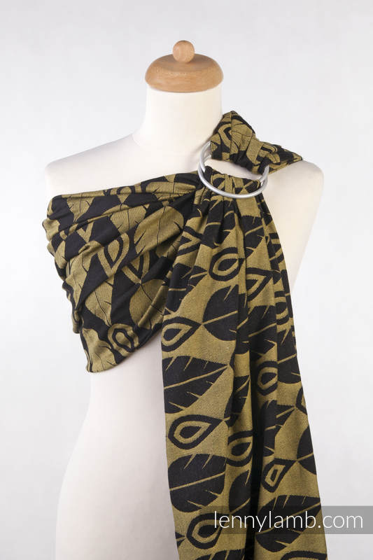 Ringsling, Jacquard Weave (100% cotton) - NORTHERN LEAVES BLACK & YELLOW - with gathered shoulder - long 2.1m #babywearing