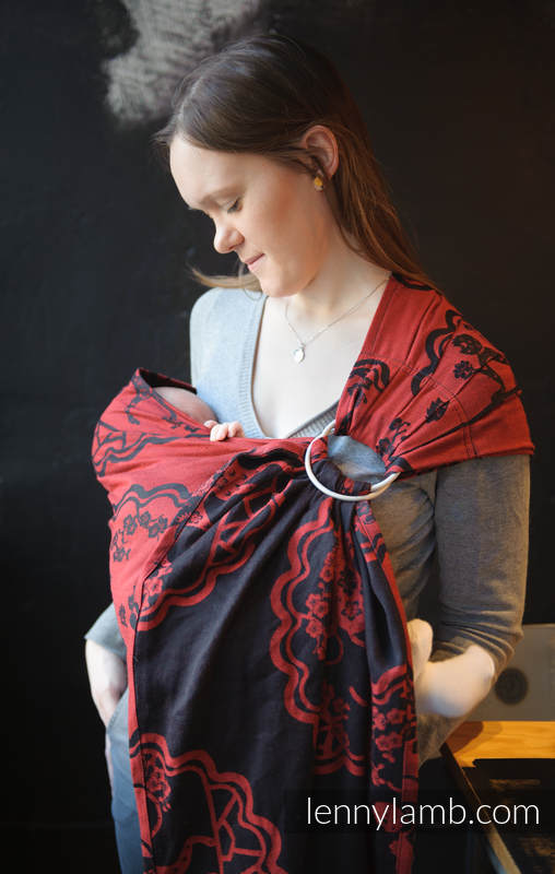 Żakardowa chusta kółkowa do noszenia dzieci, bawełna - MICO CZERWONY Z CZARNYM - long 2.1m #babywearing