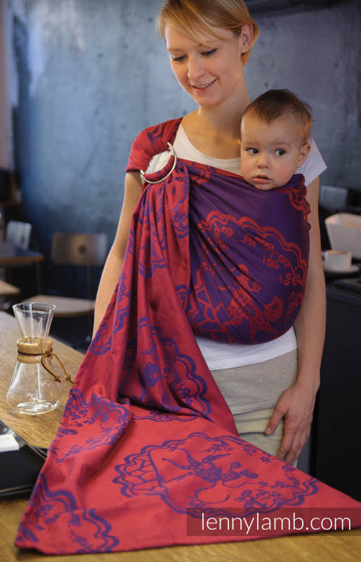 Żakardowa chusta kółkowa do noszenia dzieci, bawełna, ramię bez zakładek - MICO CZERWONY Z FIOLETEM - long 2.1m (drugi gatunek) #babywearing