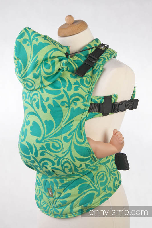 Nosidełko Ergonomiczne z tkaniny żakardowej 100% bawełna , Baby Size, ZAKRĘCONE LIŚCIE ZIELONY Z ŻÓŁTYM #babywearing