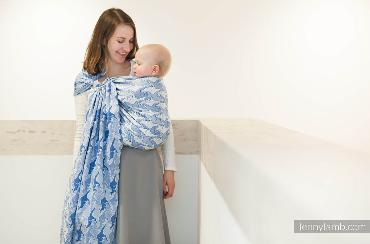 Żakardowa chusta kółkowa do noszenia dzieci, bawełna, ramię bez zakładek - NIEBIESKI KANGUR - long 2.1m (drugi gatunek) #babywearing
