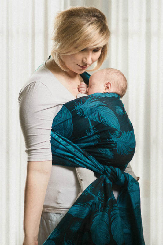 Baby Wrap, Jacquard Weave (100% cotton) - Feathers Turquoise & Black - size S #babywearing