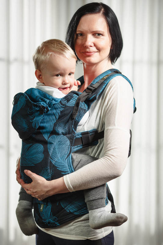 Ergonomic Carrier, Toddler Size, jacquard weave 100% cotton - FEATHERS TURQUOISE & BLACK #babywearing