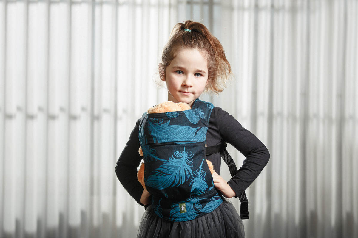 Doll Carrier made of woven fabric, 100% cotton  - FEATHERS TURQUOISE & BLACK #babywearing