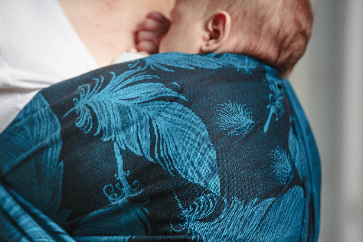 Baby Wrap, Jacquard Weave (100% cotton) - Feathers Turquoise & Black - size XS #babywearing