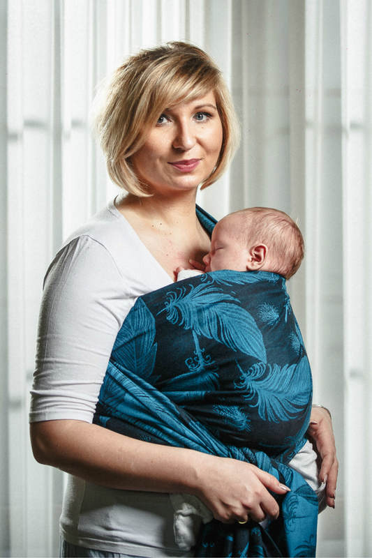 Baby Wrap, Jacquard Weave (100% cotton) - Feathers Turquoise & Black - size XS (grade B) #babywearing