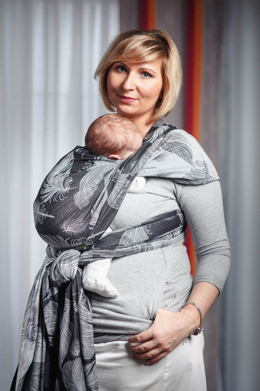 Baby Wrap, Jacquard Weave (100% cotton) - FEATHERS BLACK & WHITE - size XS (grade B) #babywearing
