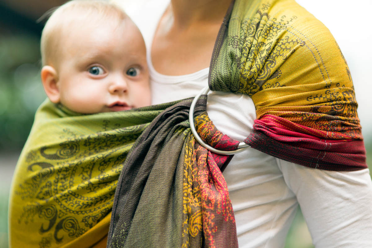 Ringsling, Jacquard Weave (100% cotton), with gathered shoulder - NOBLE INDIAN PEACOCK - long 2.1m #babywearing