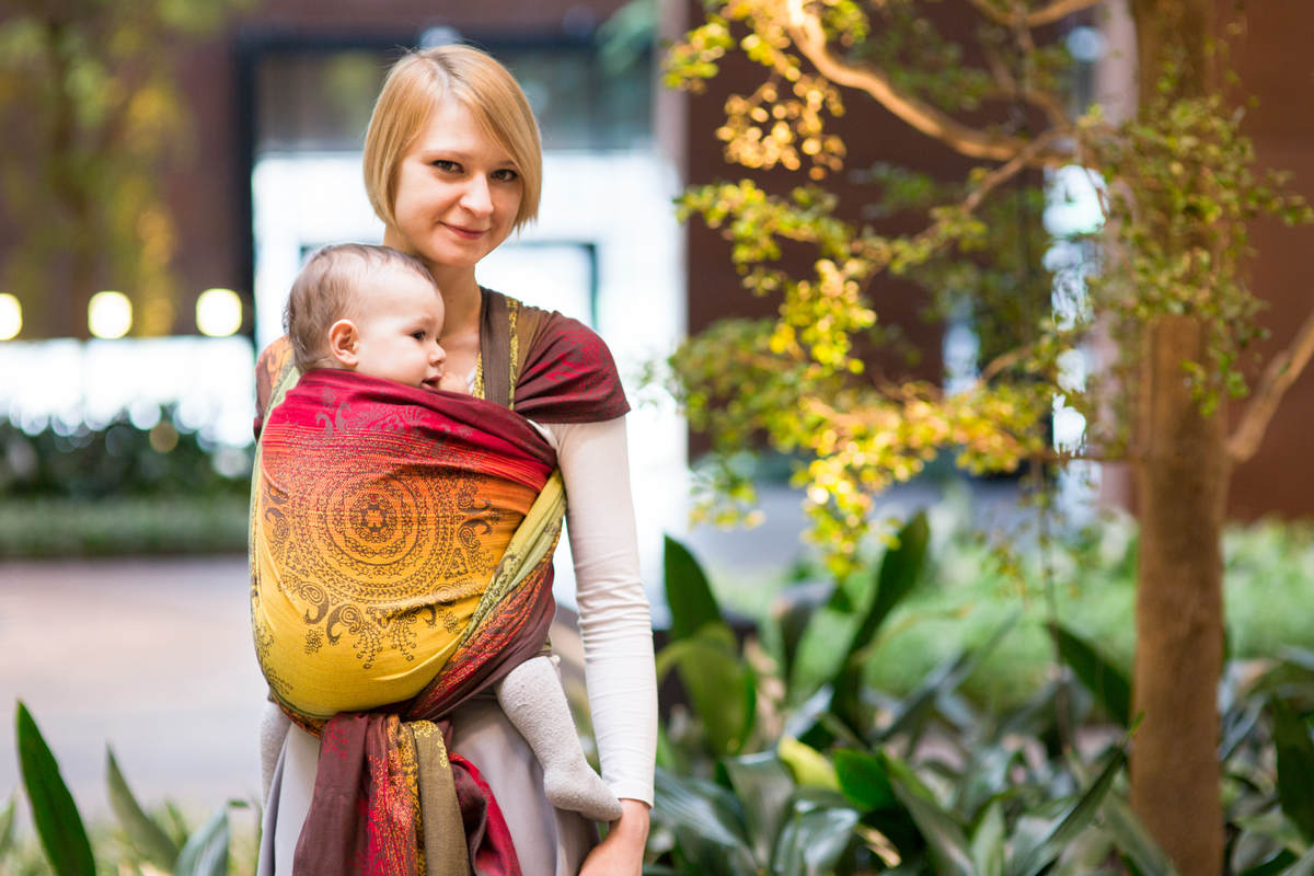 Żakardowa chusta do noszenia dzieci, bawełna - SZLACHETNY PAW INDYJSKI, rozmiar XS #babywearing