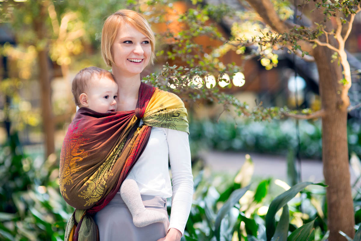 Żakardowa chusta do noszenia dzieci, bawełna - SZLACHETNY PAW INDYJSKI, rozmiar XS #babywearing