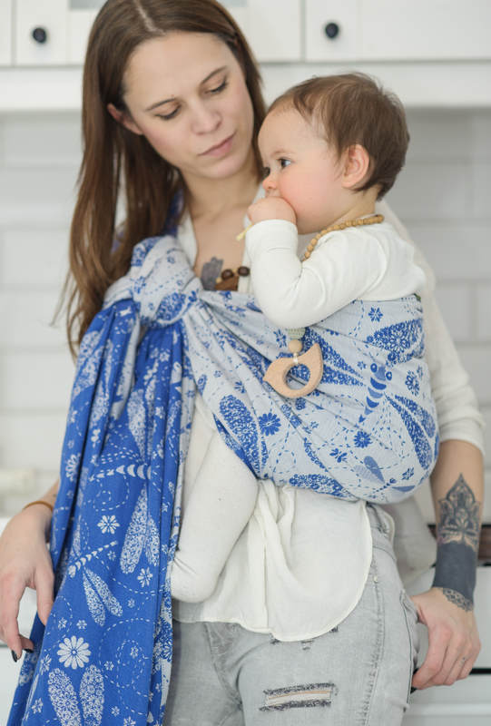 Żakardowa chusta kółkowa do noszenia dzieci, bawełna, ramię bez zakładek - WAŻKI NIEBIESKI Z BIAŁYM - long 2.1m #babywearing