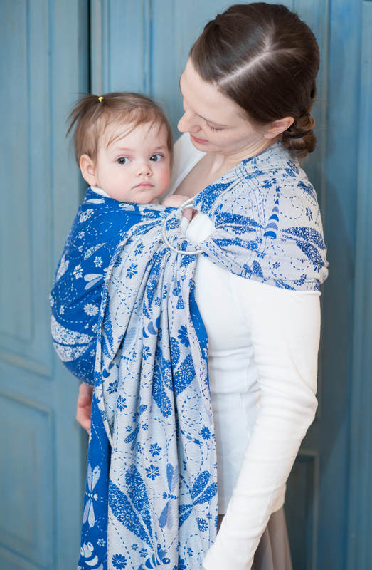 Żakardowa chusta kółkowa do noszenia dzieci, bawełna - WAŻKI BIAŁY Z NIEBIESKIM - long 2.1m #babywearing
