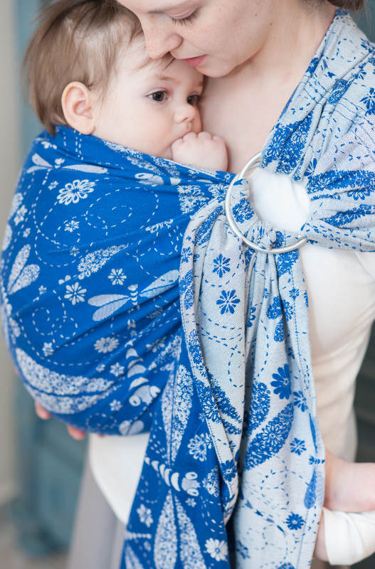 Żakardowa chusta kółkowa do noszenia dzieci, bawełna - WAŻKI BIAŁY Z NIEBIESKIM - long 2.1m #babywearing