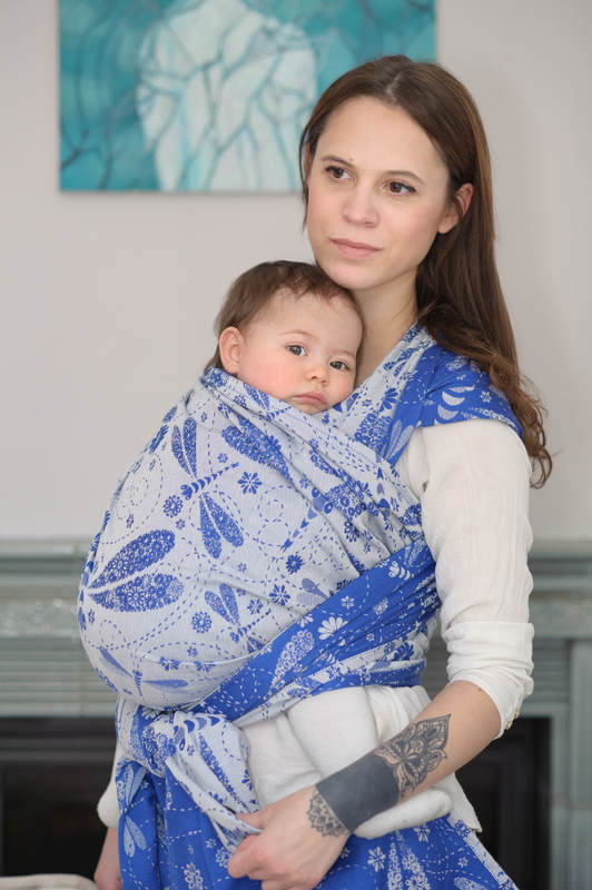 Baby Wrap, Jacquard Weave (100% cotton) - DRAGONFLY BLUE & WHITE - size XS #babywearing