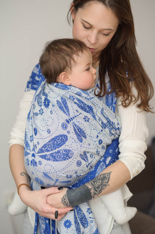 Baby Wrap, Jacquard Weave (100% cotton) - DRAGONFLY BLUE & WHITE - size S #babywearing