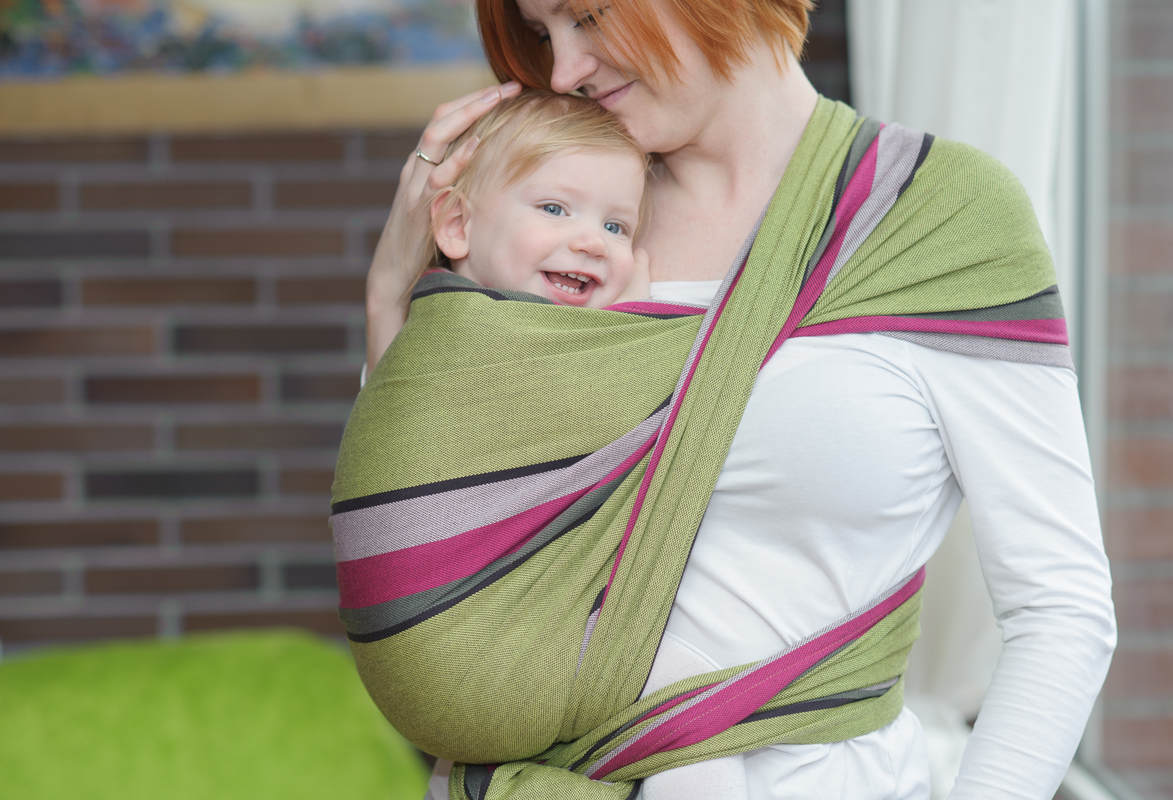 Chusta do noszenia dzieci, tkana splotem skośno-krzyżowym (100% bawełna) - LIMONKA z KHAKI - rozmiar S #babywearing