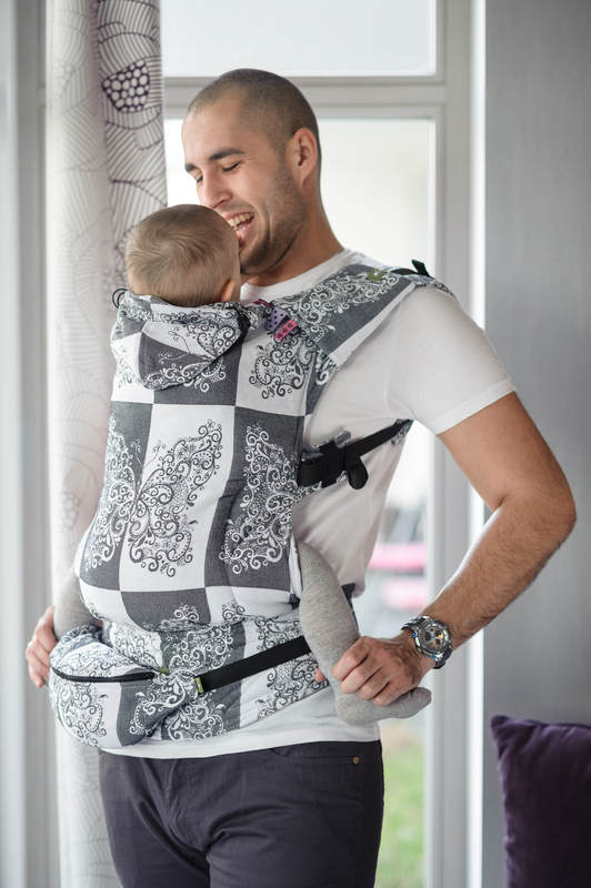 Ergonomic Carrier, Baby Size, jacquard weave 100% cotton - SILVER BUTTERFLY - Second Generation #babywearing