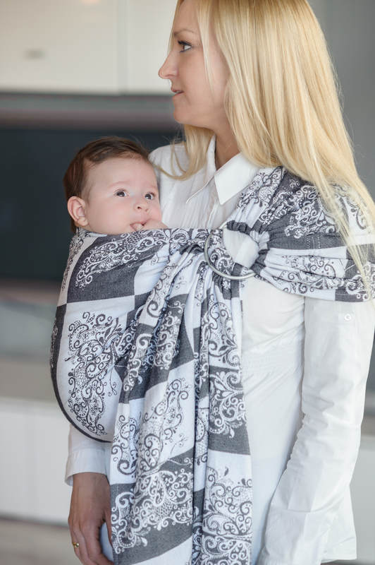Żakardowa chusta kółkowa do noszenia dzieci, bawełna, ramię bez zakładek - SREBRZYSTY MOTYL - long 2.1m #babywearing